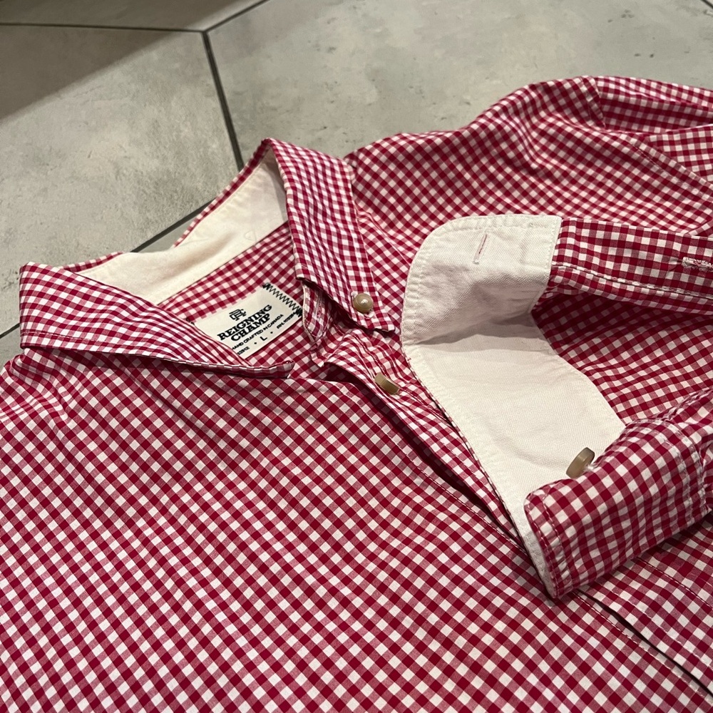 REIGNING CHAMP COTTON BUTTON DOWN SHIRT PLAID GINGHAM BEACHY
